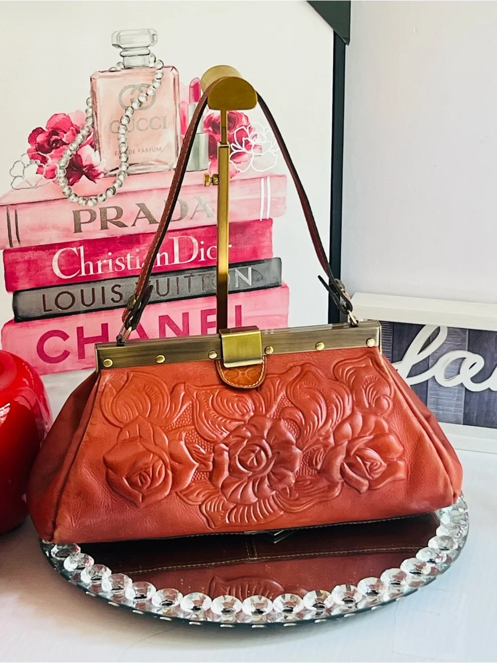 Patricia Nash Embossed Floral Leather Satchel in Rust Orange